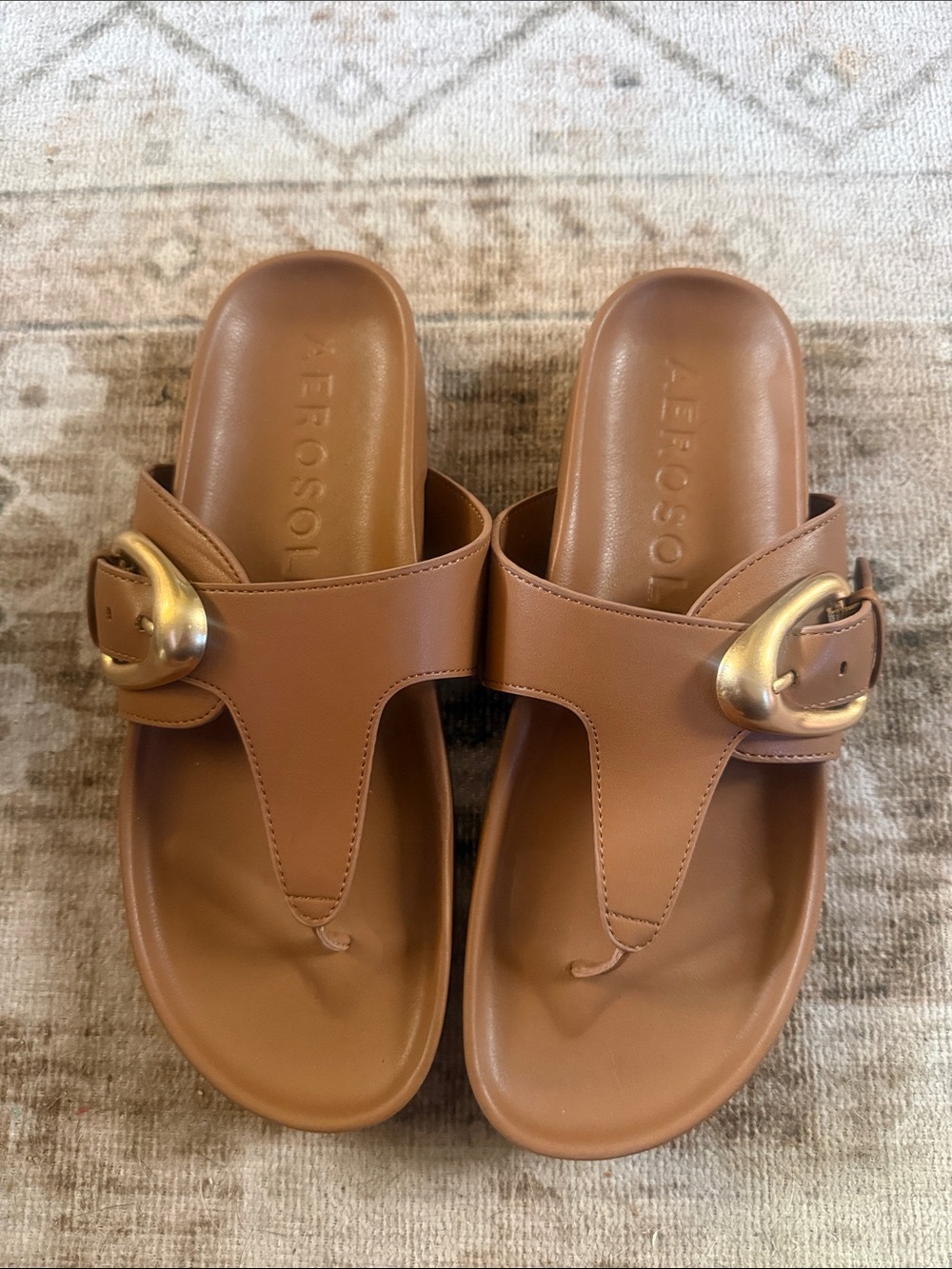 AEROSOLES Brown T-Strap Sandals with Gold Buckles